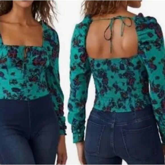 🛍️Free People Hilary Printed Top C green Combo Size L💥 - Picture 5 of 7